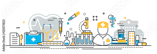 Flat line vector design concept of medicine and healthcare, clinic, hospital, ambulance service presentation template for website banner linear and landing page header, timeline, cover, infographics