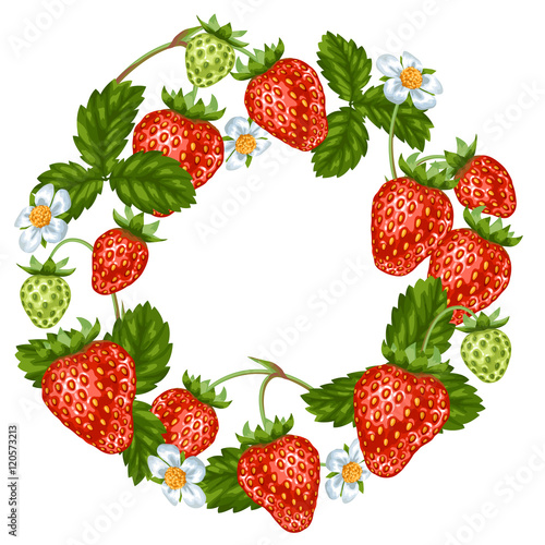 Frame with red strawberries. Decorative berries and leaves