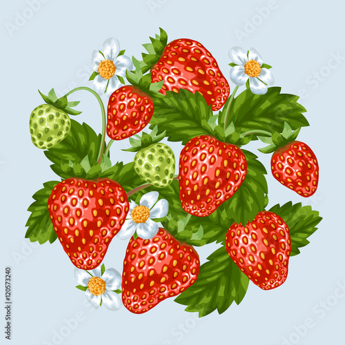 Background with red strawberries. Illustration of berries and leaves