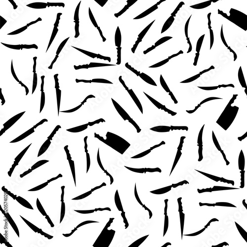 Silhouettes Knives Seamless Pattern on White. Kitchen Accessories. Bladed Weapons Collection