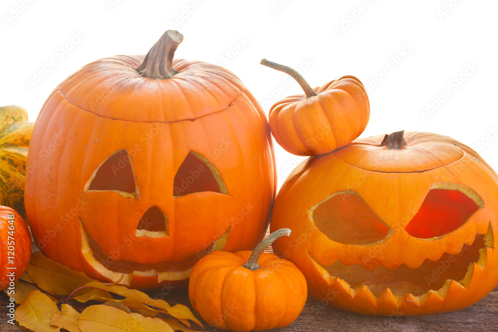 ripe of orange halloween pumpkins on wooden table over white background border ripe of orange halloween pumpkins on wooden table over white background border