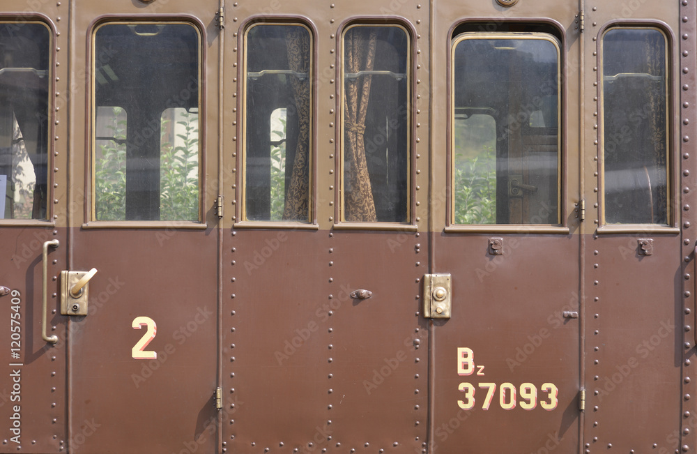 Ancient Italian train car named “Centoporte”, detail.