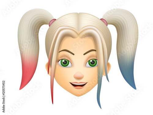 Girl face with pink and blue hair. Vector cartoon characters in 3d puppet style, isolated on white background.