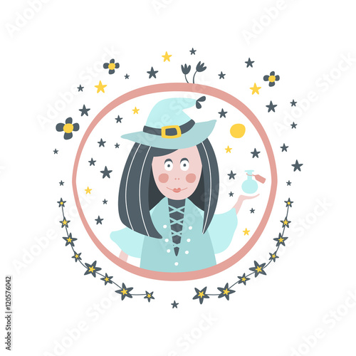 Witch Fairy Tale Character Girly Sticker In Round Frame