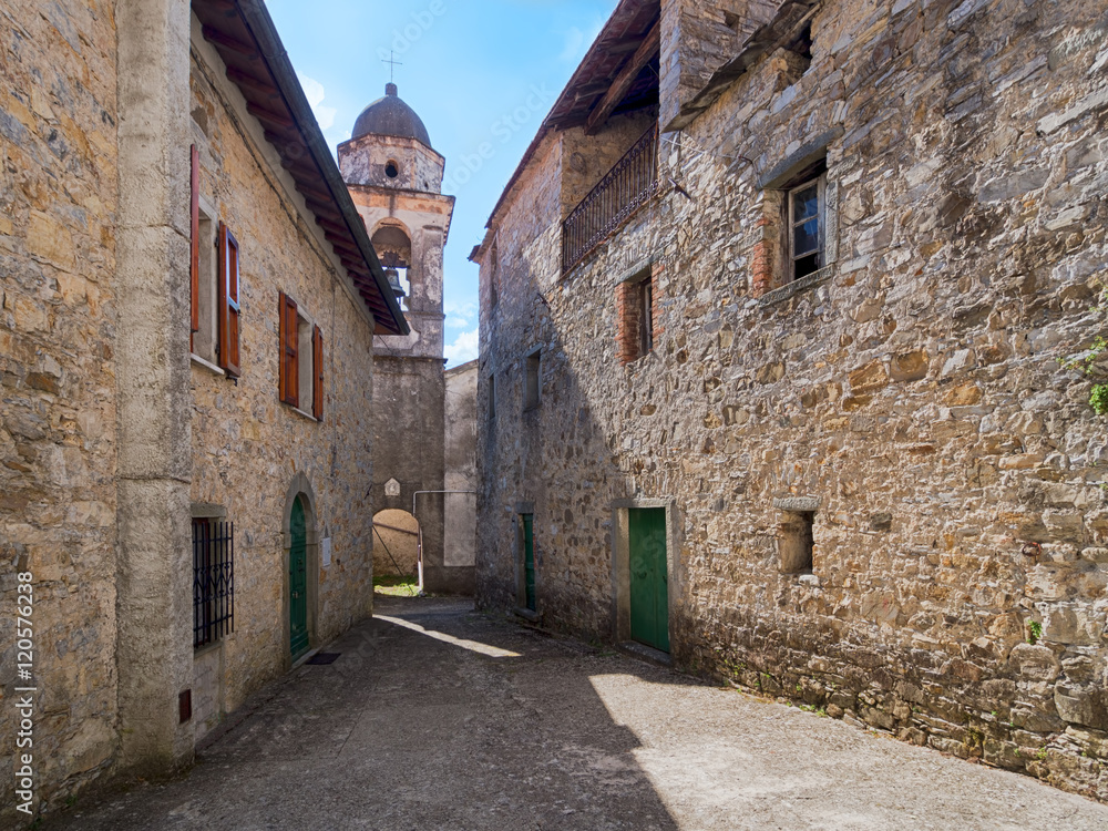 Italian Medieval village street in north Tuscany. Village - Biglio.