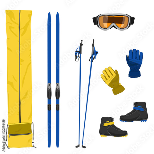 Set of ski equipment icons. Color flat vector illustration