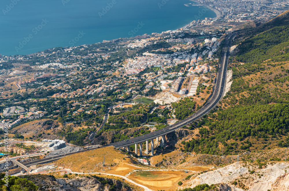 Sunny view of Costa del Sol from the top of Calamorro mountain, Andalusia province, Spain.