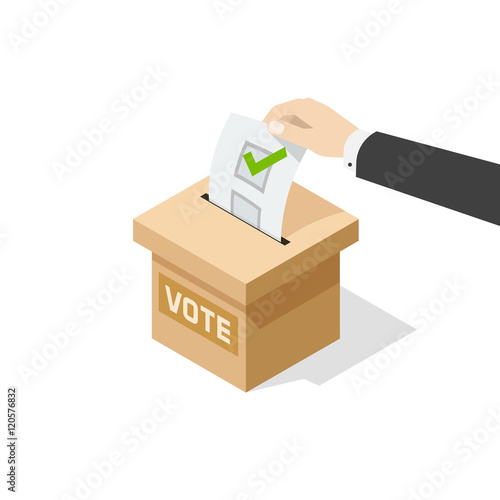 Voting vector illustration isolated on white background, man hand holding political ballot putting in vote box, concept of election choice or vote, poll