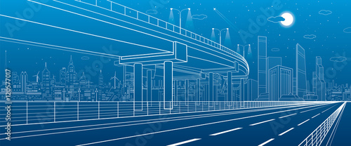 Automotive isolation, architectural and infrastructure illustration, transport overpass, highway, white lines urban scene, night city on background, dynamic composition, vector design art