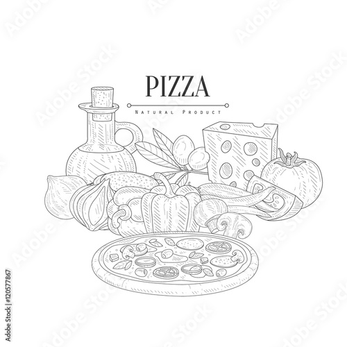Pizza Cooking Ingredients Still Life Hand Drawn Realistic Sketch