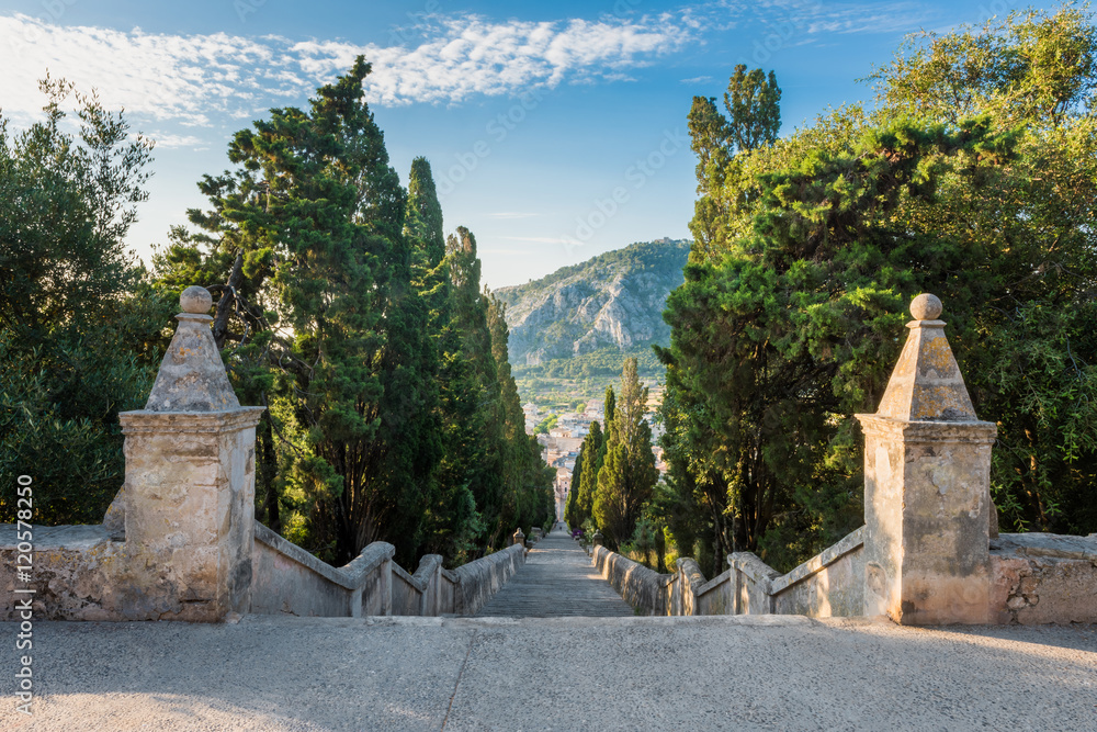 View from the top of the ancient stone 365-step Calvari Stairway in Pollenca, Mallorca, Balearic Islands, Spain.