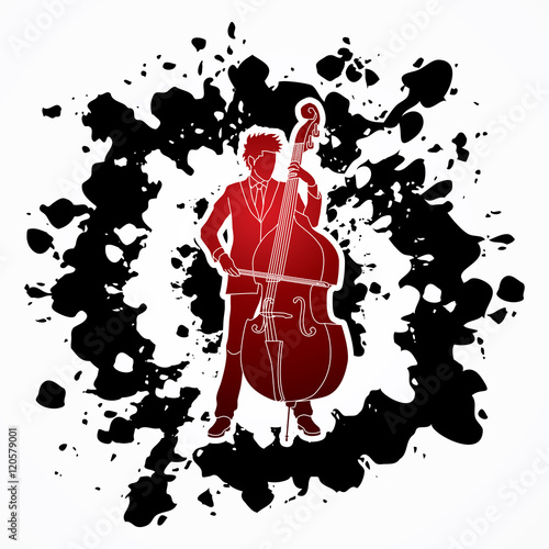 Double bass player designed on splatter ink background graphic vector.