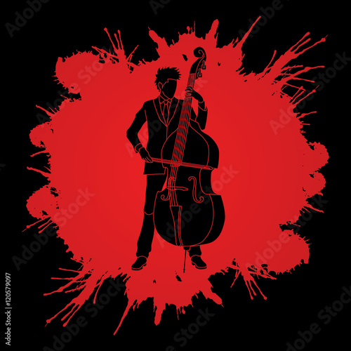 Double bass player designed on spatter blood background graphic vector.