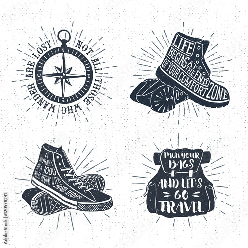 Hand drawn textured vintage labels set with sneakers, boots, rucksack, and lettering vector illustrations.
