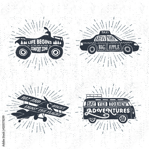 Hand drawn textured vintage labels set with quad bike, taxi, biplane, van, and lettering vector illustrations.