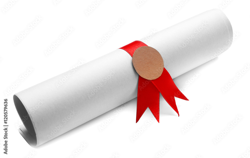 Rolled paper tied with red ribbon isolated on white Rolled paper tied with red ribbon isolated on white