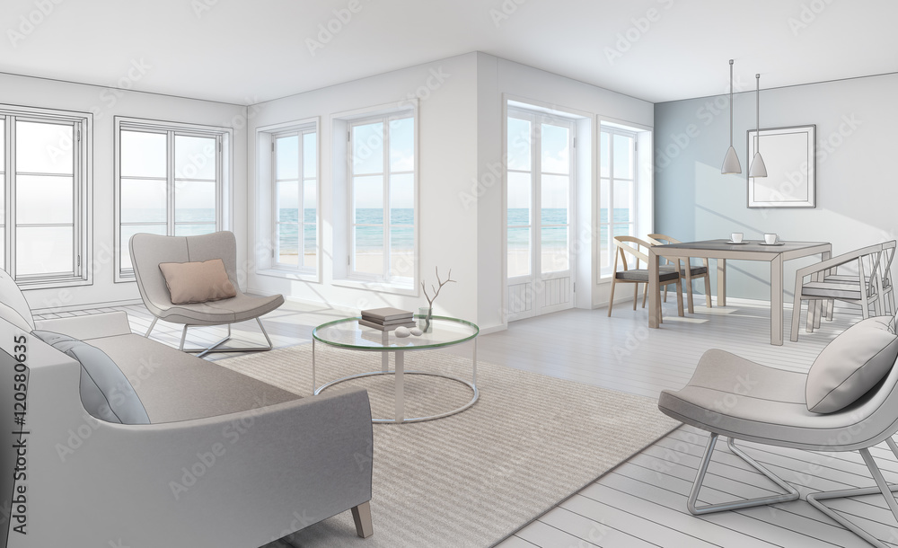 Sketch design of sea view interior in modern beach house - 3D rendering ...