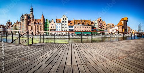 Panorama of Gdansk old town and Motlawa river in Poland. View from embankment
