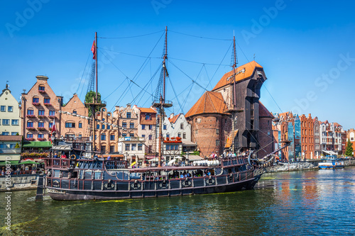 Gdansk old town and famous crane, Polish Zuraw. Motlawa river in Poland.