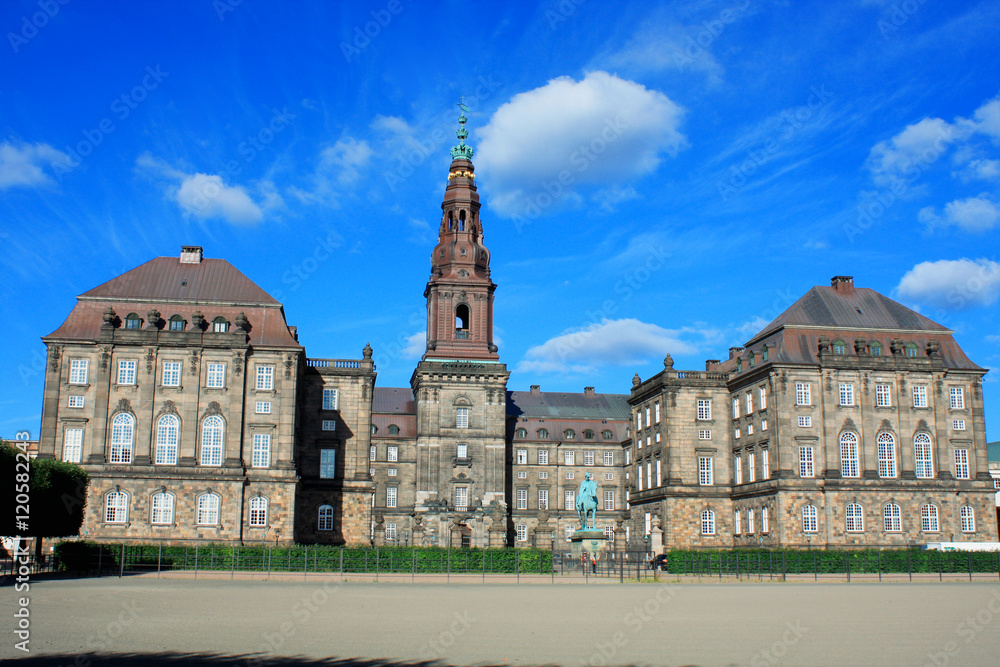 The equestrian statue of King Frederik VII in front of the Christiansborg Palace in Copenhagen. The equestrian statue of King Frederik VII in front of the Christiansborg Palace in Copenhagen.