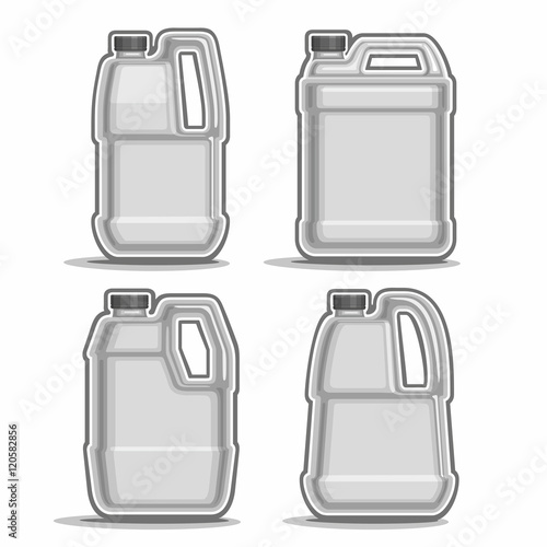 Vector logo monochrome canisters, consisting of 4 plastic grey container bottles with handles and black caps isolated closeup on white background.