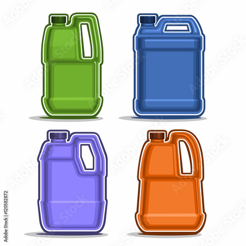 Vector logo colored canisters, consisting of 4 plastic green and blue container bottles with handles and caps isolated closeup on white background.