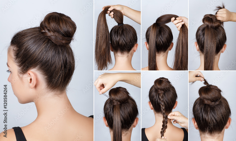 Hairstyle tutorial elegant bun with braid - obrazy, fototapety, plakaty 