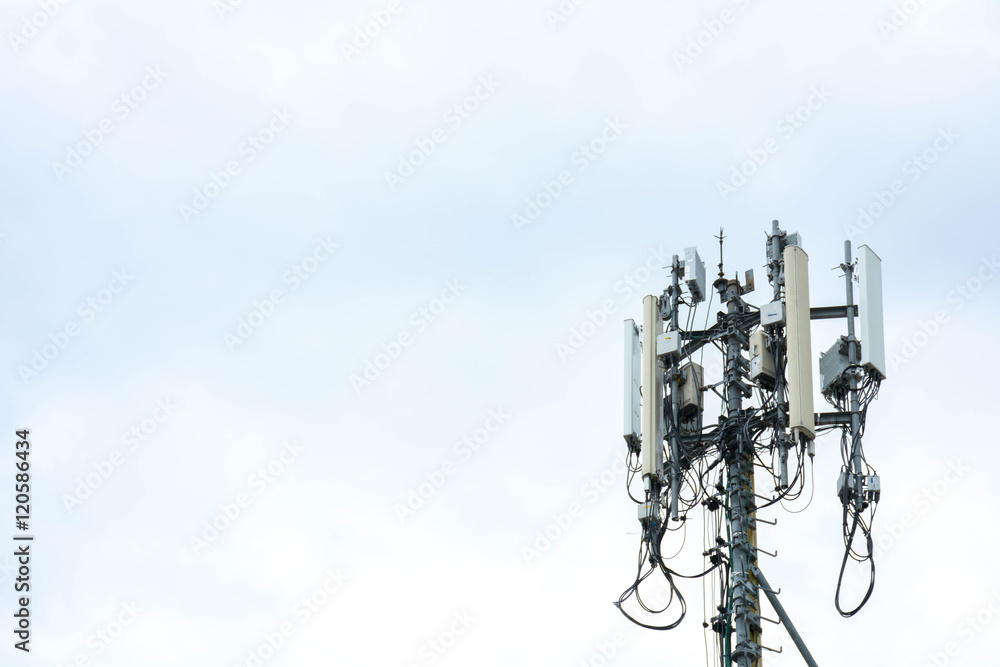 Close up white color antenna repeater tower on blue sky Close up white color antenna repeater tower on blue sky