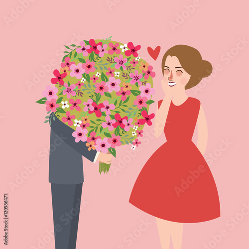 man give large flower bouquet to his girl friend couple romantic moment