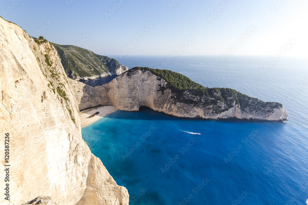 Navagio beach with shipwreck and motor boat on Zakynthos island, Greece, background