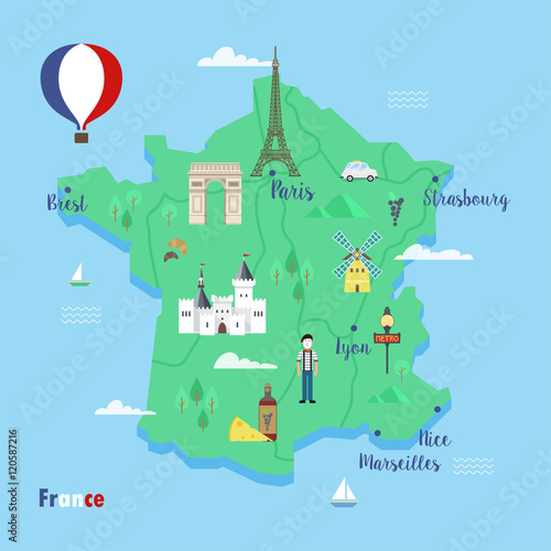 France. Colorful travel maps with popular landmarks.
