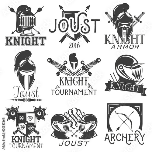 Vector set of heraldic knight labels in vintage style. Design elements, icons, logo. Warrior helmet and sword