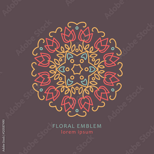 Vector floral linear ornaments with flower and swirls. Elegant emblem perfect for logotype design or labels.