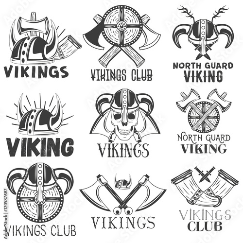 Vector set of vikings labels in vintage style. Design elements, icons, logo, emblems, badges. Viking warrior helmet and axe