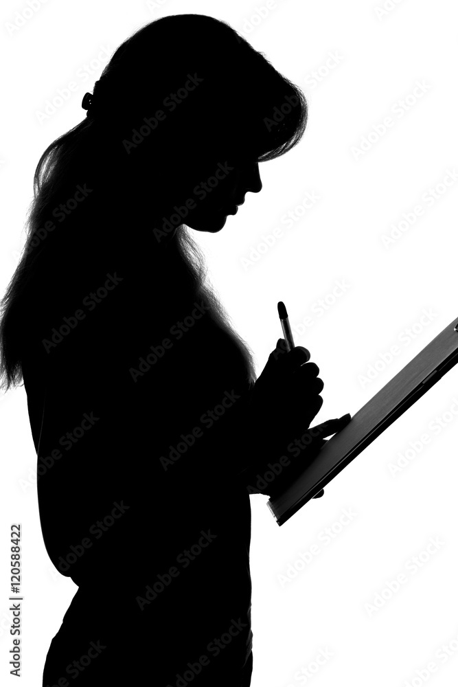 silhouette of a young woman thinking whether to accept the offer and whether to sign a document