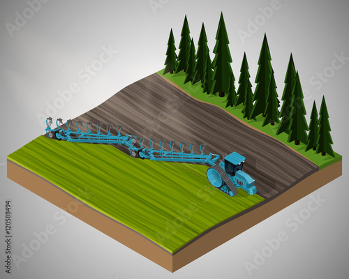 Vector isometric illustration of a agricultural crawler tractor with plow tillage a field. Equipment for agriculture.