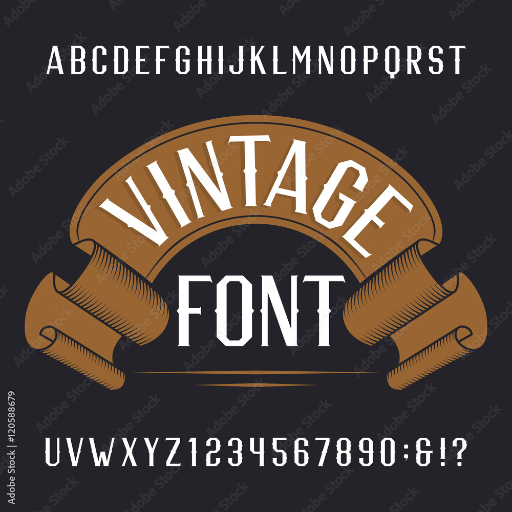Vintage alphabet font. Letters and numbers on a dark background. Retro ...