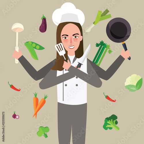 woman cheff holding knife vegetable pan flying around