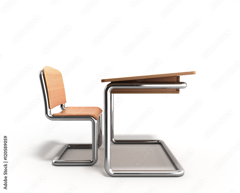 school desk and chair 3d render on white background school desk and chair 3d render on white background
