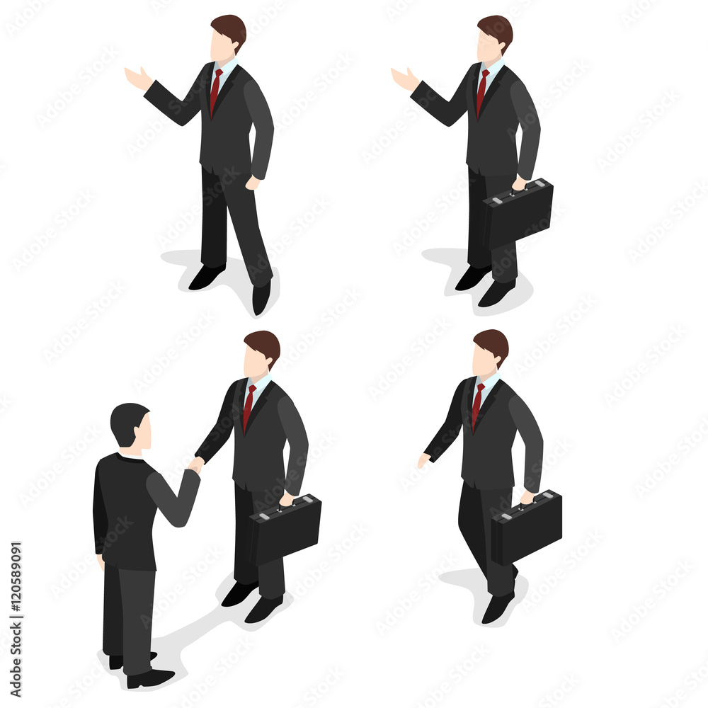 Isometric flat 3d set of business people with suitcases, businessman goes, stands, shakes hands Isometric flat 3d set of business people with suitcases, businessman goes, stands, shakes hands