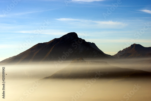 Monte Pizzocolo 1581 m. with the fog of the Garda Lake. Lombardy  Italy  Europe