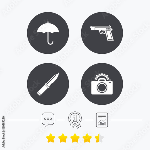 Gun weapon. Knife, umbrella and photo camera.