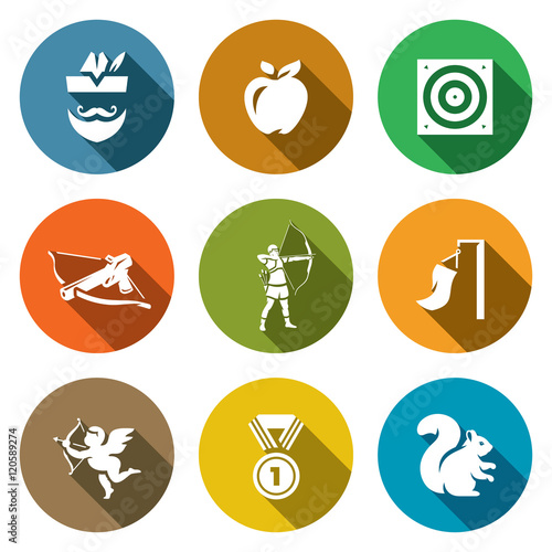 Vector Set of Archery Icons. Robin Hood, Apple, Target, Crossbow, Shooter, Wind, Amur, Medal, Squirrel.