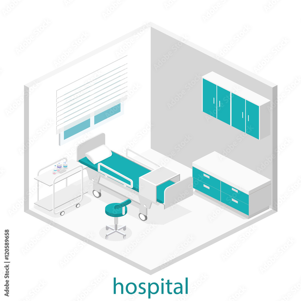 Isometric flat interior of hospital room. Isometric flat interior of hospital room.