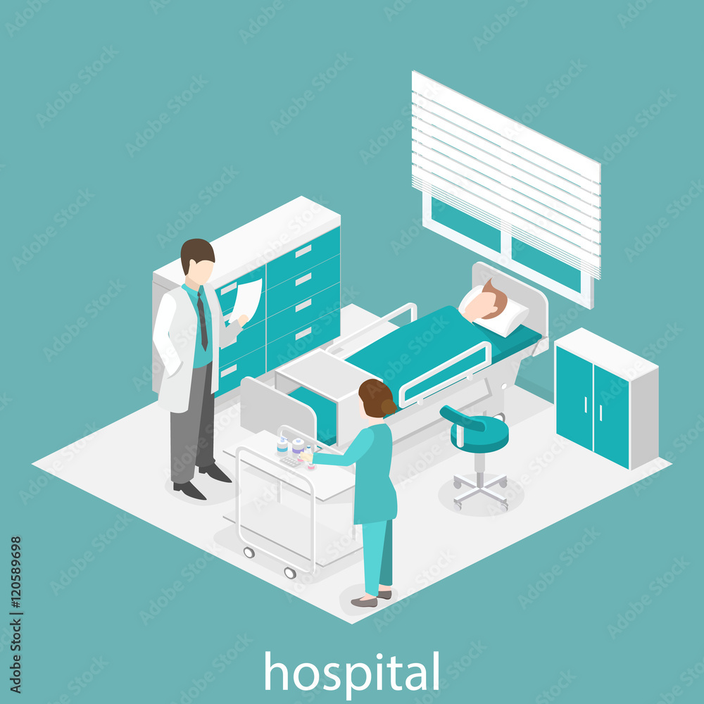 Obraz premium Isometric flat interior of hospital room. Doctors treating the patient.