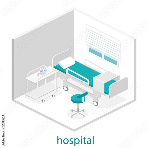 Isometric flat interior of hospital room.