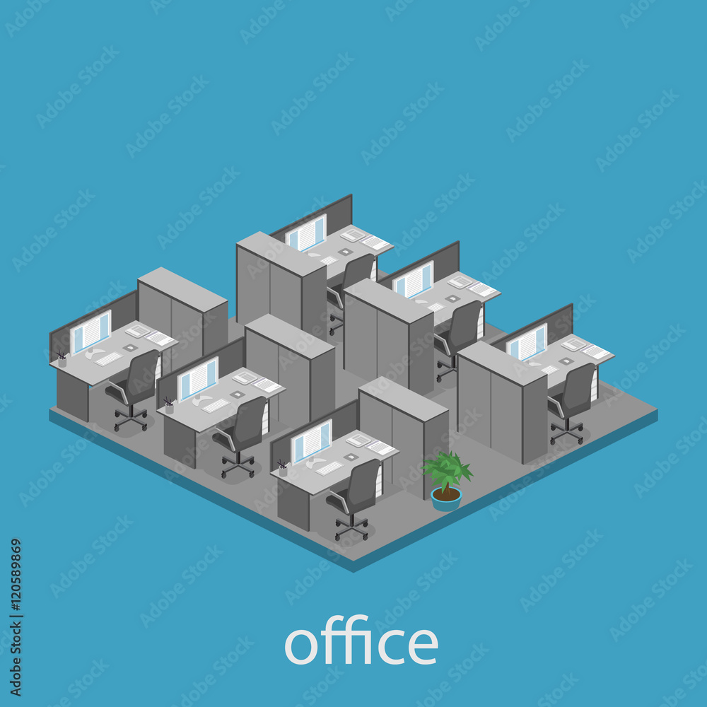 Flat 3d isometric abstract office floor interior departments concept vector.