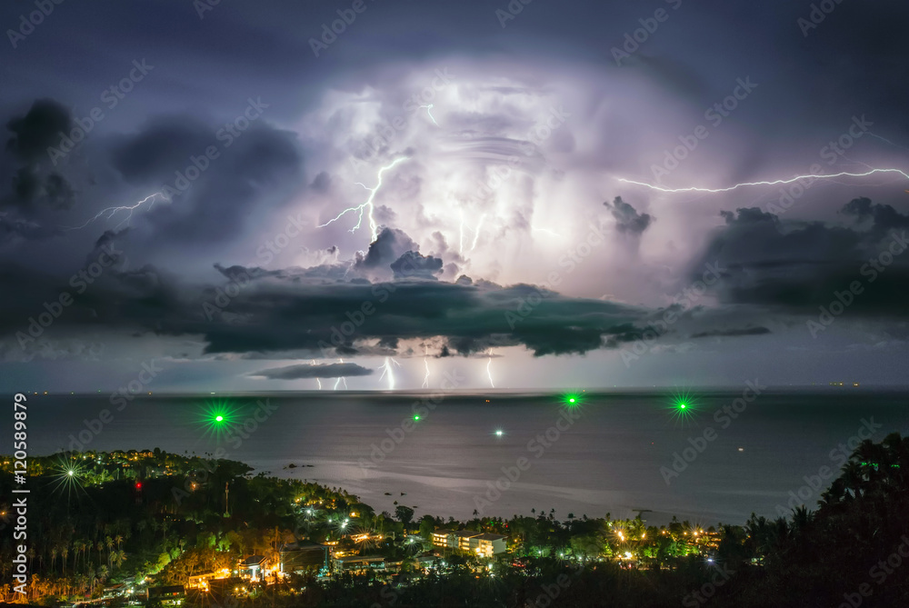 A storm with lightning in the sea, Thailand