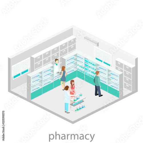Isometric interior of pharmacy