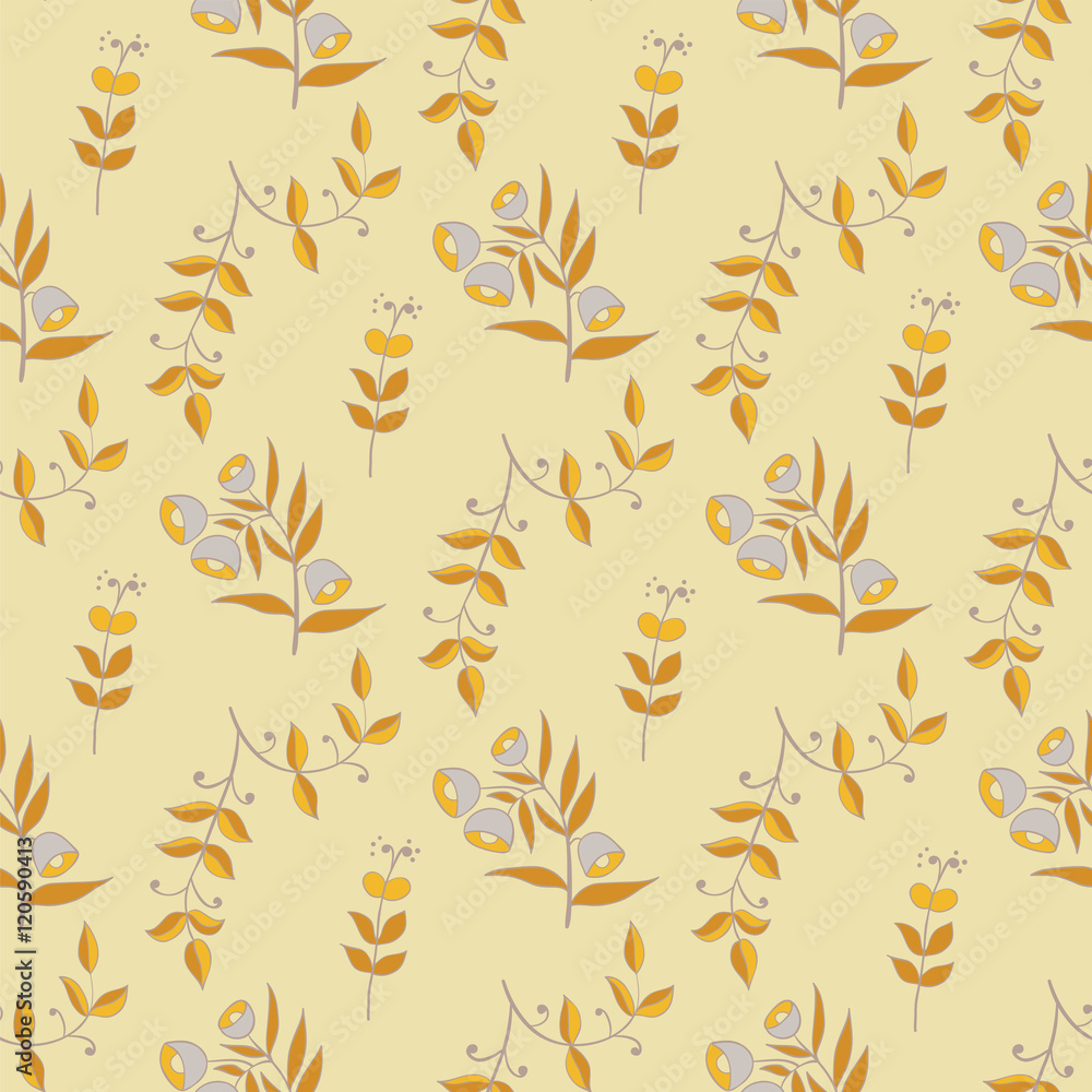 Floral seamless pattern. Branches with autumn leaves and flowers. Eps10 vector illustration.